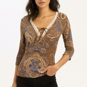 Vintage Stella Blouse Brown Paisley Crochet V Neck Junior Size M